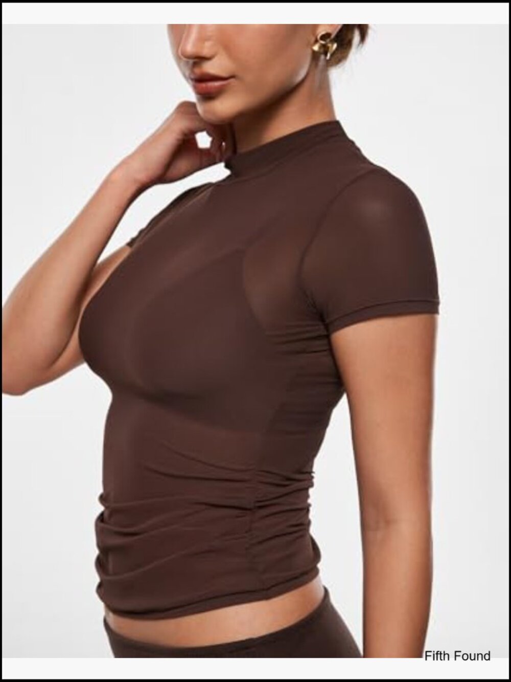 Sheer Mesh Mock Neck Ruched Fitted Sexy Tee Short Sleeve Summer Going Out Top - Picture 3 of 6